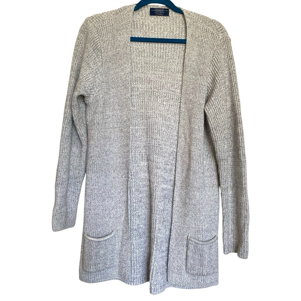 Pull &  Bear Light Gray Open-Front Cozy Knitted Midi Cardigan Pockets